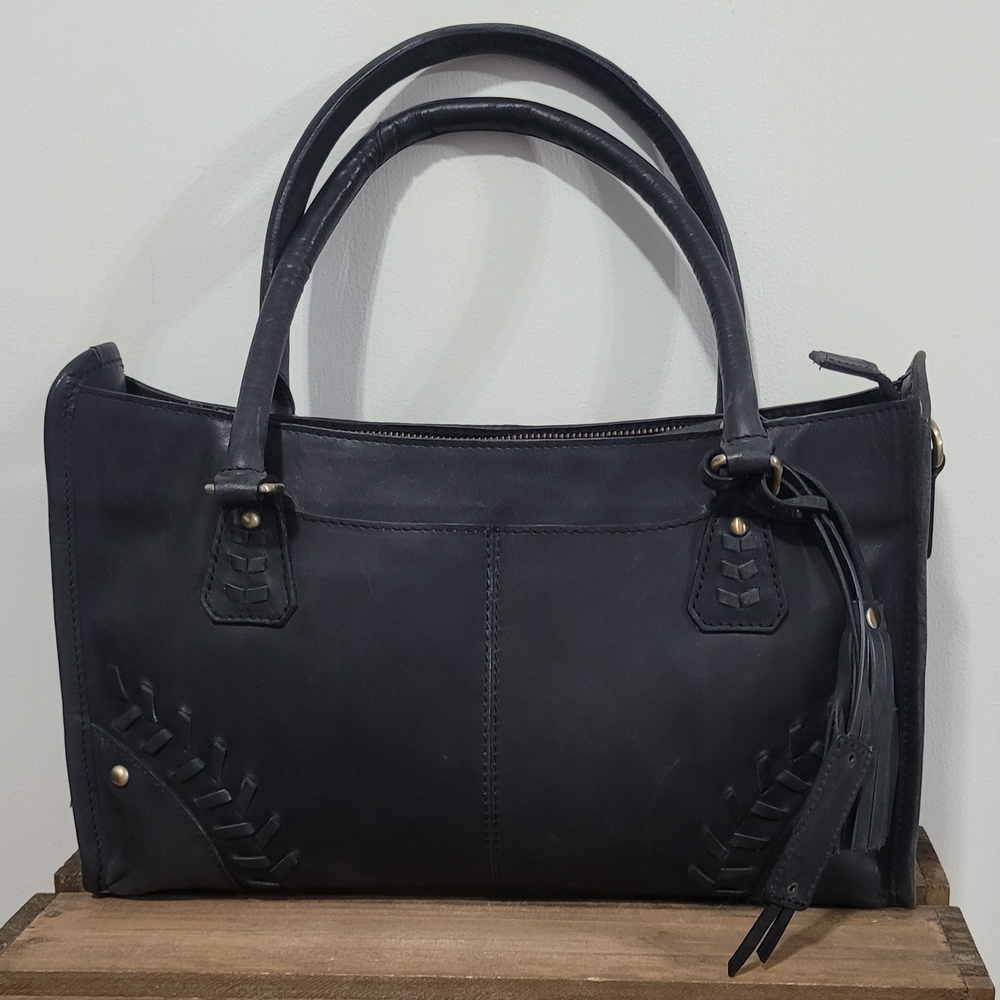 Structured Black Leather Satchel with Tassel Accent